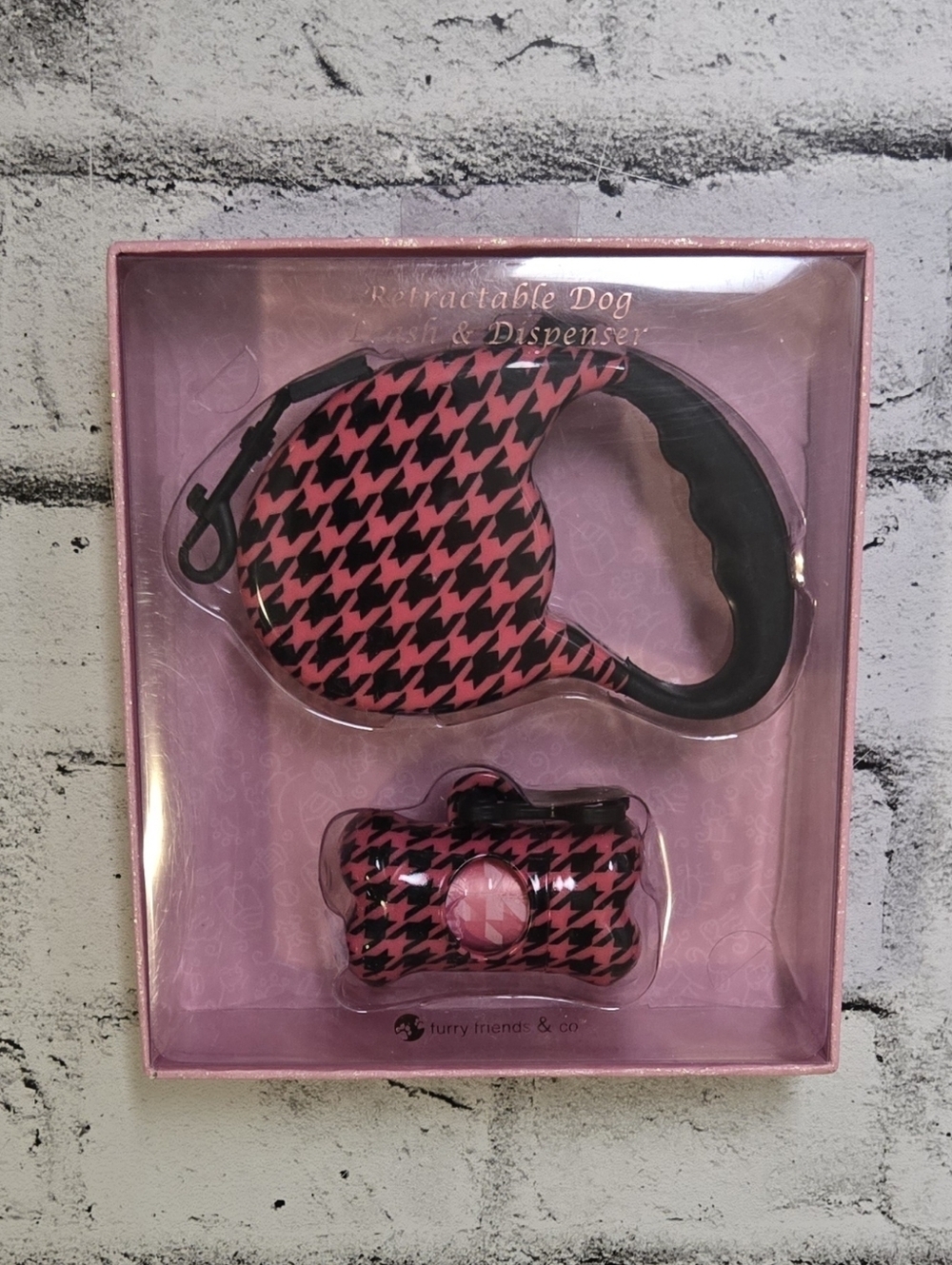 Pink Houndstooth Retractable Dog Leash & Waste Bag Dispenser Set NIB